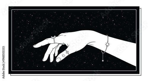 Artistic illustration of a human hand decorated with jewelry reaching into a dark space filled with sparkling stars.