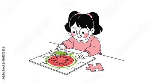 Little girl with glasses and pigtails focused on completing a colorful jigsaw puzzle of a watermelon on a white background.