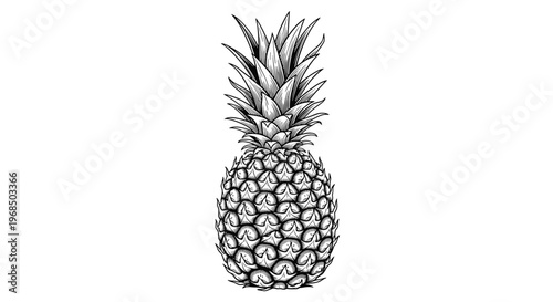 Detailed engraving of a whole pineapple fruit with textured skin and spiky leaves in a vintage black and white style.