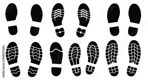 Various shoe sole prints arranged in a grid black silhouette