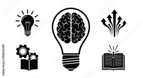 Ideas of innovation brain lightbulb gears and books a silhouette