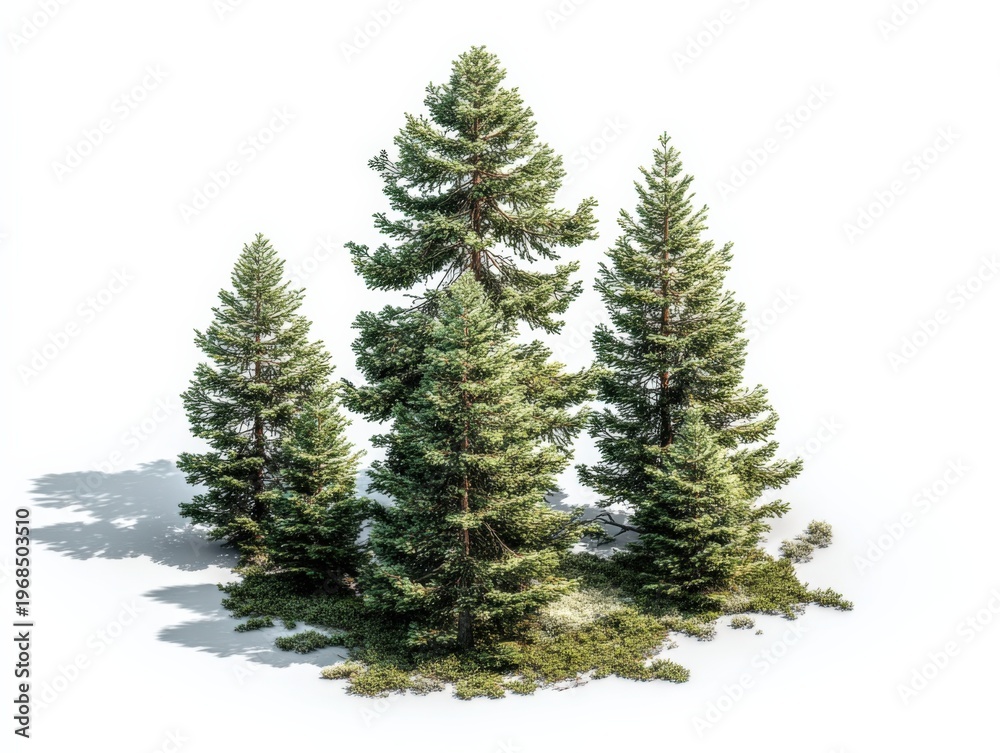 Obraz premium Group of Evergreen Trees on White Background, Ideal for Landscaping and Architectural Visualizations