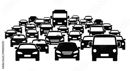 Heavy traffic congestion depicted with stark vehicle silhouettes