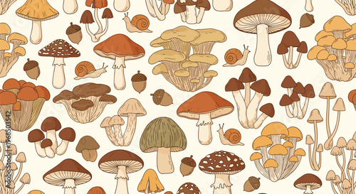 Charming seamless pattern of woodland mushrooms acorns and snails in earthy tones over a light cream background.