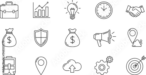 Business and finance line icon set including growth analytics time management security marketing location and corporate strategy symbols