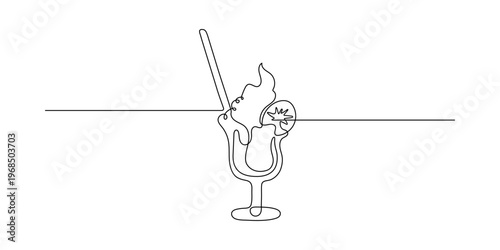 This minimalist single line drawing showcases a tall, delightful milkshake or a creamy iced beverage, featuring a generous swirl of whipped cream on top and a drinking straw, presented in a sleek glas