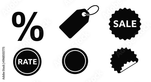 Black sale symbols and price tags displayed as a dark silhouette