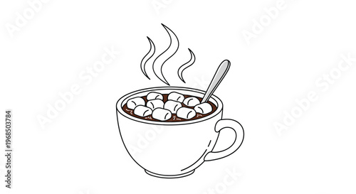 Cup of steaming hot chocolate topped with miniature marshmallows and a silver spoon isolated on white background.
