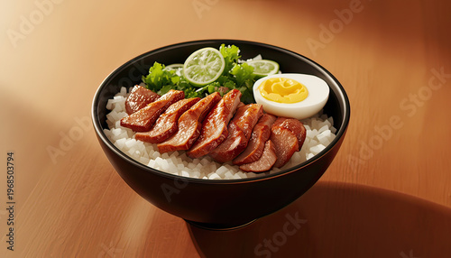 A delicious bowl of sliced meat and rice with boiled egg and herbs