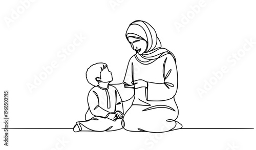 Minimal continuous line mother and child Muslim family parenting vector icon