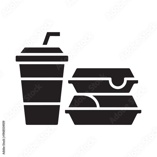Simple black glyph depicting a drink and a sandwich in takeout containers