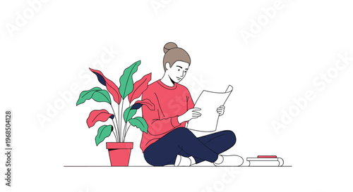Relaxed woman sitting on the floor reading a magazine next to a large potted plant in a minimalist room setting.