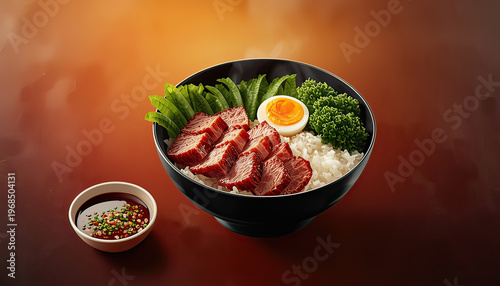 A delicious bowl of food with meat, vegetables, and rice on a table