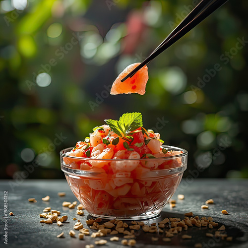 A bowl of fresh sashimi with chopsticks picking up a piece