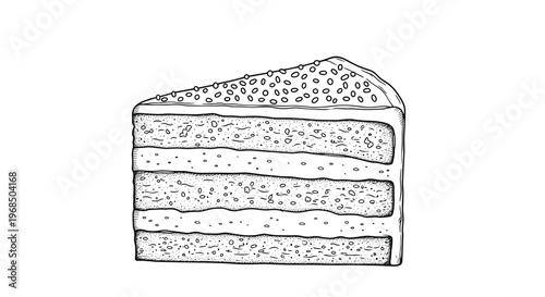 Detailed line art drawing of a delicious slice of layered cake with frosting and sprinkles in a vintage style.