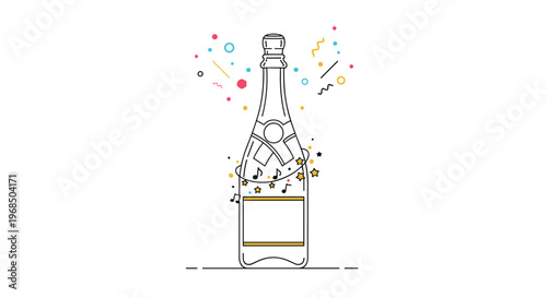 Festive champagne bottle illustration with sparkling stars and music notes jumping around it on a clean white background for parties.