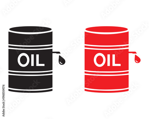 Oil barrel icon set in black and red styles. Petroleum vector symbols
