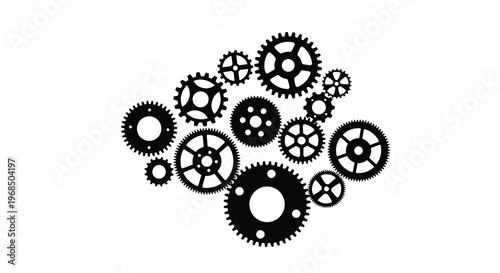 Intricate arrangement of black gears forming a complex mechanical design silhouette