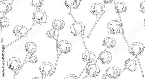 Detailed line art seamless pattern of cotton plant branches with soft bolls on a white background offers a clean and natural textile design.