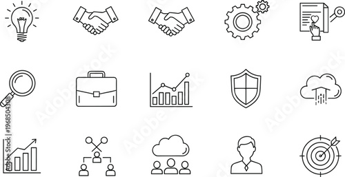 Business and management line icon set featuring analytics growth teamwork security cloud network and corporate strategy symbols for professional use