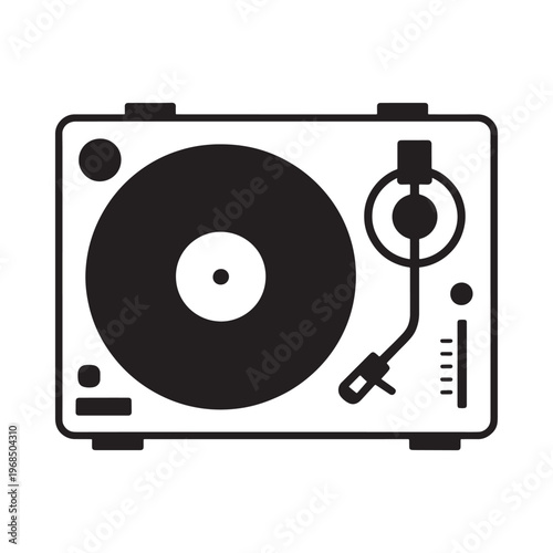 Simple black and white icon of a vintage record player turntable