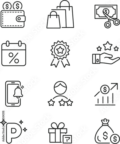 Shopping Rewards Icon Set with Editable Lines, Loyalty Program, Cashback, Points, Discount and Gift Symbols, Vector Illustration for E-commerce Apps, UI, and Website Design