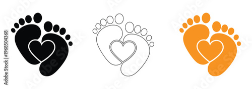 Baby footprints inside heart shape icons illustration, colorful vector love symbols for maternity, newborn, pregnancy, family care branding