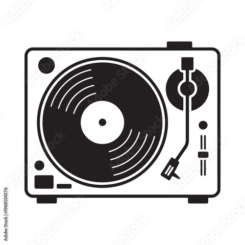 A black and white illustration of a vintage turntable record player