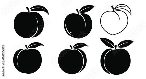 Black fruit illustrations depict apples and peaches in a striking silhouette