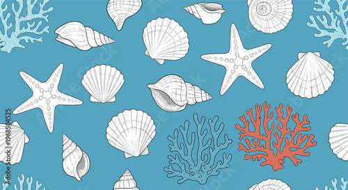 Oceanic seamless pattern with various seashells, orange coral, and white starfish on a light blue background evokes a tropical seaside theme.