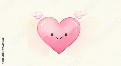 Cute pink winged heart character illustration with a joyful expression