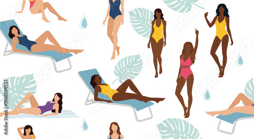 Modern seamless pattern shows diverse women in colorful swimwear lounging on beach chairs with palm leaves and water droplets on white background.