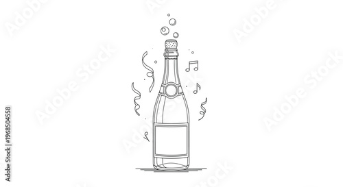 Elegant black and white line art of a champagne bottle with floating confetti and music notes for a sophisticated celebration scene.