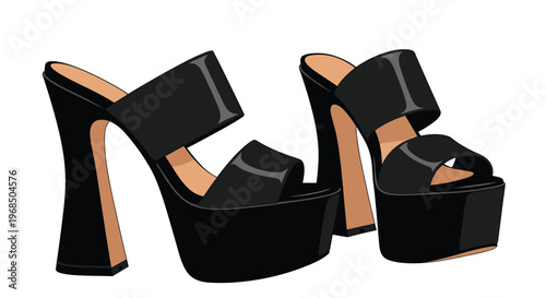 Chic pair of black high-heeled platform sandals with thick soles and wide straps are illustrated in a bold and modern graphic fashion style.