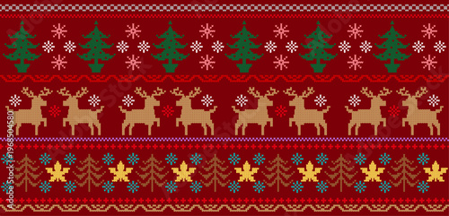 トナカイとツリーの編み物調ノルディック柄ライン　マルチカラー