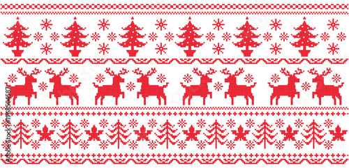 トナカイとツリーの編み物調ノルディック柄ライン　赤　白背景