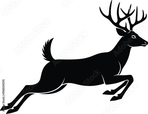 Elegant deer silhouette leaping in motion, wildlife vector art, graceful antlers design, nature animal graphic, minimalist illustration for stock buyers