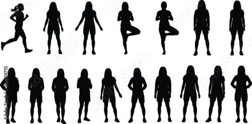 Human silhouette poses collection, standing walking running yoga positions, vector illustration, body language concept, physical activity, fitness design, modern art