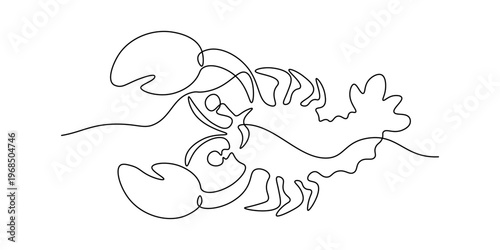 A striking continuous one-line drawing artistically renders the intricate and distinctive form of a lobster, highlighting its claws and tail with a flowing, minimalist aesthetic.