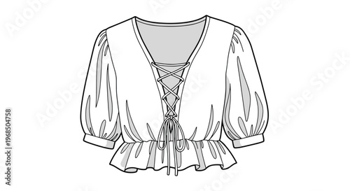 Elegant line drawing of a bohemian-style lace-up blouse with ruffled hem and puffed sleeves offers a detailed fashion design illustration.