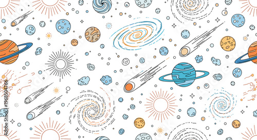 Celestial seamless pattern features colorful planets, moons, stars, and comets hand-drawn with fine lines on a clean white background.