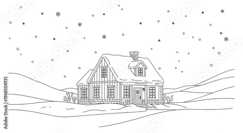 Cozy winter landscape features a charming line-drawn house nestled in the snow with delicate snowflakes falling across the serene scene.