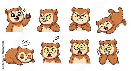 Cartoon owl bear character showing various emotions and actions  