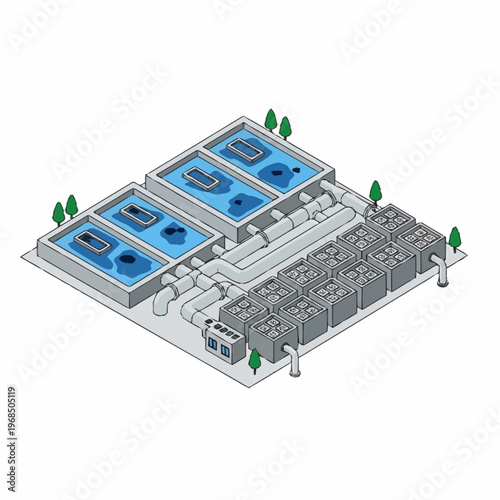 Aquaculture System Diagram Showing Fish Tanks and Filtration.