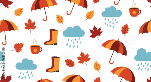 Cozy autumn seamless pattern includes umbrellas, rain clouds, coffee mugs, rubber boots, and falling maple leaves on a white background.
