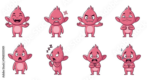Cartoon pink creature with various facial expressions and emotions  