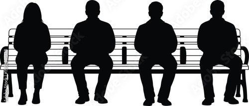 Silhouette illustration of four people sitting on bench, social distance concept, minimalist vector art, symmetry, anonymity, modern graphic design