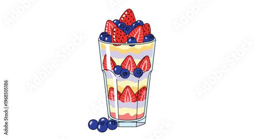 Delicious parfait dessert in a tall glass layered with cream, sponge, strawberries, and blueberries is shown in a vibrant food illustration.