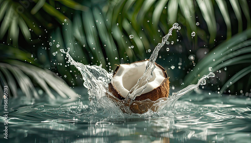 A coconut splashing into a body of water with tropical leaves in the background