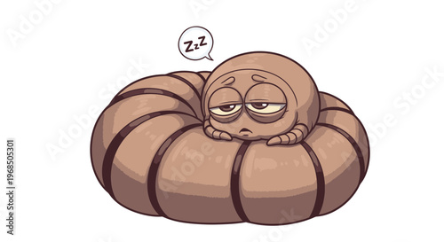 Cartoon character sleeping in a curled position with a tired expression  